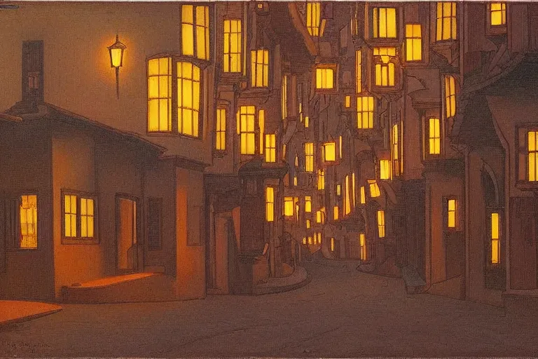 Image similar to winding street at twilight in a very old very beautiful city by George Price Boyce and Nicholas Roerich and jean delville, glowing paper lanterns, strong dramatic cinematic lighting , ornate tiled architecture, lost civilizations, smooth, sharp focus, extremely detailed