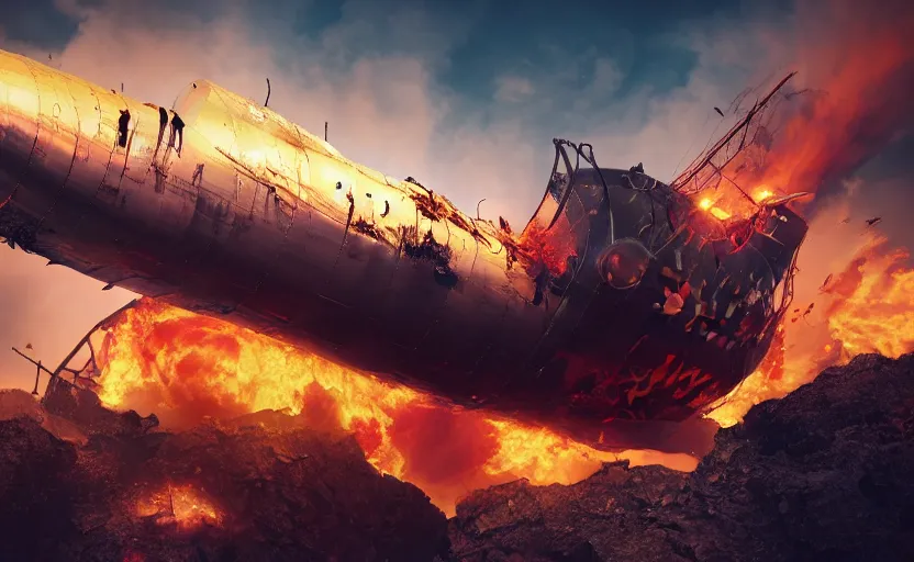Prompt: a giant comcast themed steampunk airship heavily branded with the comcast logo and xfinity logo crashed and burning on the side of a cliff, people running in fear, flames and thick black smoke billowing, golden hour, turbulent storm clouds, dystopian, sharp focus, octane render, 8k