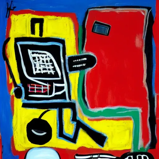 Image similar to basquiat oil painting of robot sneakers, balenciaga,