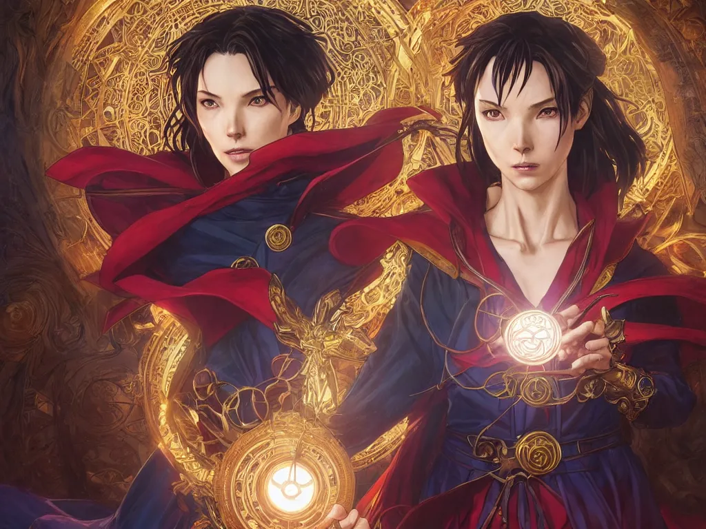 Image similar to anime key visual of one beautiful female doctor strange, marvel comics, spells, magic, intricate, inside magical temple stunning, highly detailed, digital painting, artstation, smooth, hard focus, illustration, art by artgerm and greg rutkowski and alphonse mucha