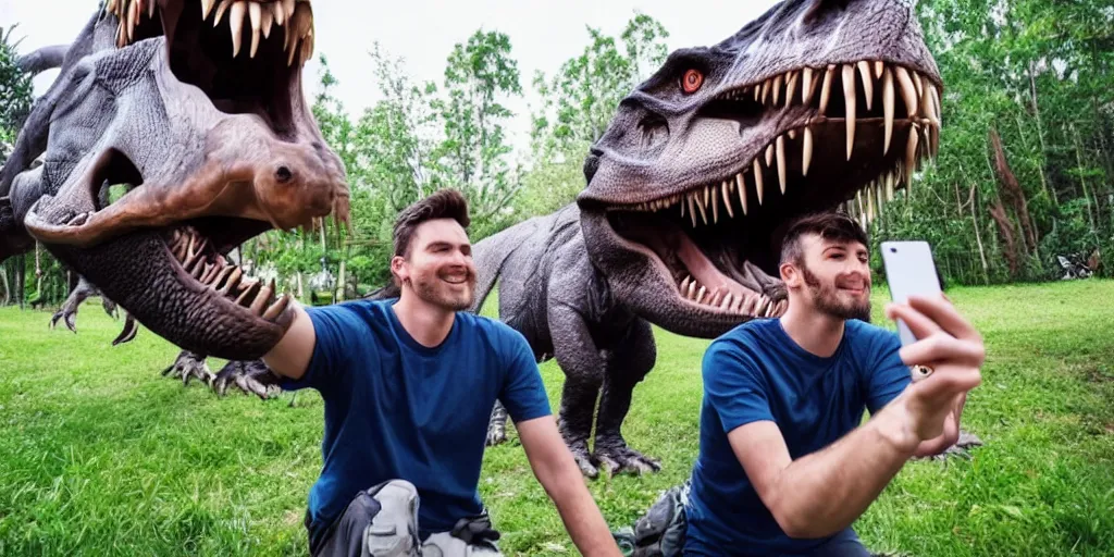 Image similar to a man taking a selfie beside a tyrannosaurus rex, award-winning photography, 8K UHD