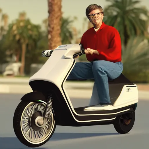 Image similar to bill gates riding a 1 9 8 7 honda elite scooter in palm springs, hd, octane render, 3 d