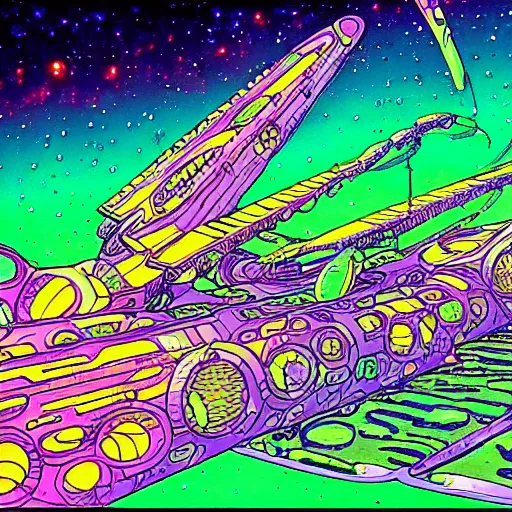 Prompt: an illustration of a spaceship. moebius. psychadelic lsd sci fi art.