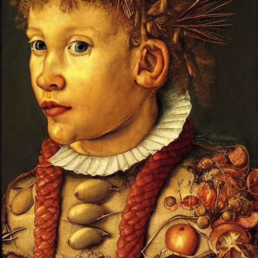 Image similar to a boy and his kite, by giuseppe arcimboldo, renaissance, portrait, fruit, detailed oil paint, high definition