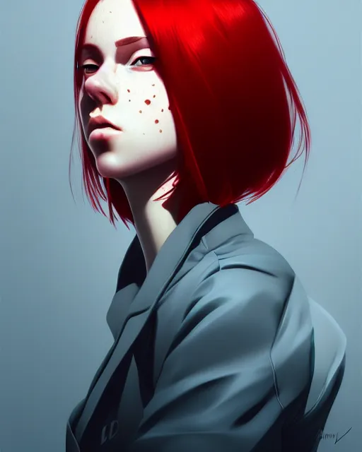 Image similar to a detailed portrait of a woman with red hair and freckles by ilya kuvshinov, digital art, dramatic lighting, dramatic angle