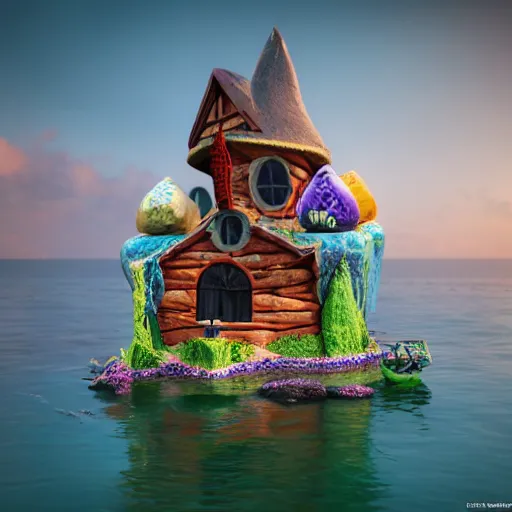 Image similar to a witches house made out of realistic candy on the ocean, epic scene, fantasy, redshift render, cgi, hyper - detailed, photo - bash, 8 k post - production, masterpiece