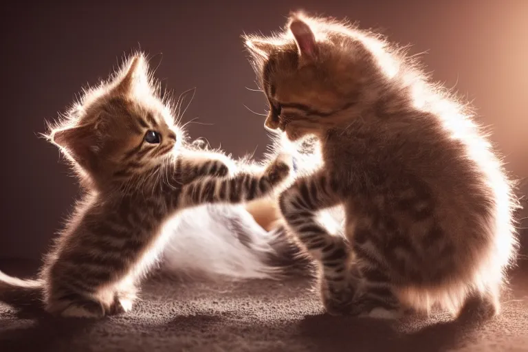 Prompt: A professional photo of two cute kittens play-fighting each other; cutest kittens ever; high-quality, dramatic lighting, extremely high detail, trending on artstation