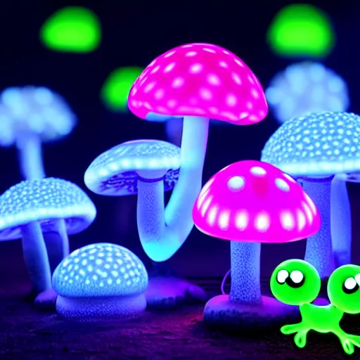 Prompt: glowing neon mushrooms and blue frogs with glowing eggs, hyper realistic