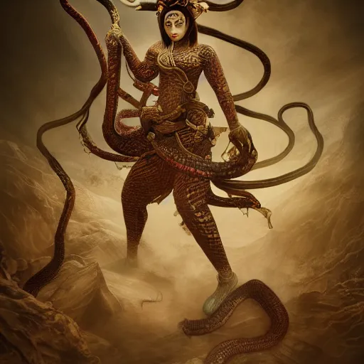 Prompt: The Chinese Zodiac sign of snake warrior, traditional Chinese textures, hyper detail, Unreal engine,Octane render, by Brooke Shaden