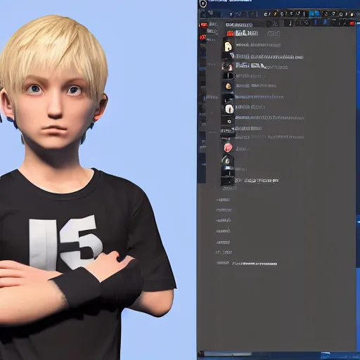 Image similar to a detailed full body image of boy with blonde hair and blue eyes wearing a black tshirt, unreal engine 5 rendered, incredibly highly detailed and realistic, 8 k, sharp focus, studio quality