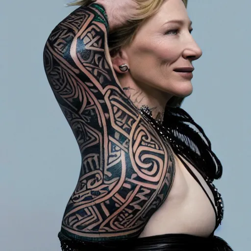 Image similar to high resolution image of cate blanchett with full body maori tattoo , highly detailed, photorealistic, 4k