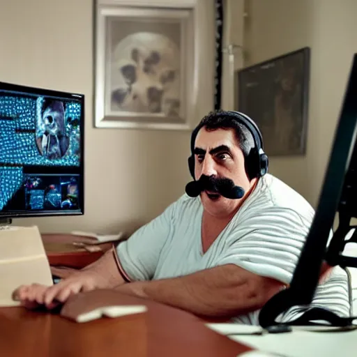 Prompt: obese Frank Zappa wearing a headset yelling at his monitor while playing WoW highly detailed wide angle lens 10:9 aspect ration award winning photography