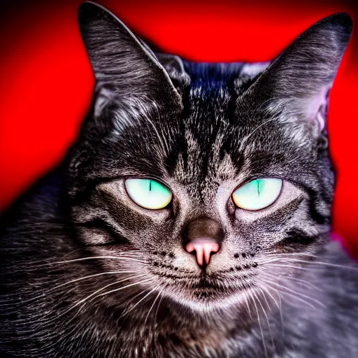 Image similar to metallic cat with red glowing eyes, dramatic lighting, studio photo, 4k, photorealistic, film grain, inspired by the terminator, manga style, anime