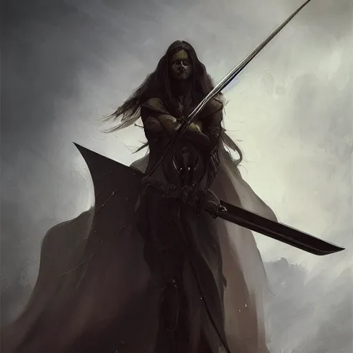 Image similar to a portrait of a beautiful angel of death holding a large scythe by marco bucci and greg rutkowski and frank frazetta, sharp focus, detailed, cinematic, closeup