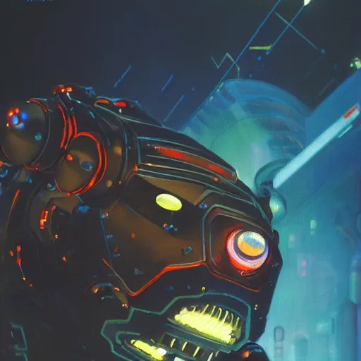 Prompt: a dark and colorful close - up of a sci - fi mecha tiger robot with led lights glowing fog in the background. highly detailed science fiction painting by norman rockwell, frank frazetta, and syd mead. rich colors, high contrast, gloomy atmosphere, dark background. trending on artstation