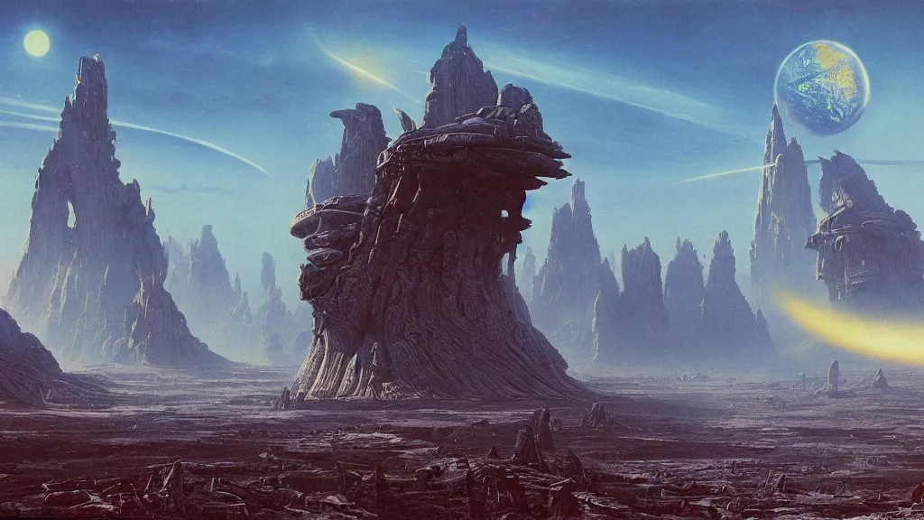 Prompt: alien planet, an empire in upheaval by arthur haas and bruce pennington, cinematic matte painting