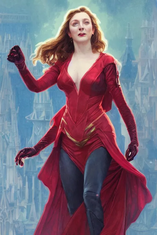 Prompt: Liz Truss as The Scarlet Witch, highly detailed character in digital fantasy, painted portrait, artstation, concept art, hard focus, illustrations, works by Artgerm and Greg Rutkowski, Alphonse Mucha and Craig Mullins, James Gene, Andrey Ryabovichev, Mark Simonetti and Peter Morbacher, 16 thousand