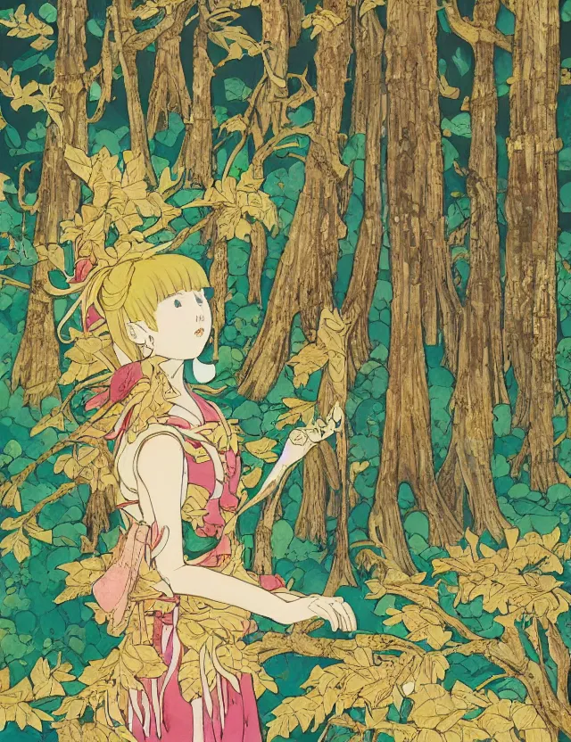 Prompt: spirit of cupcakes lost in a forest. this gouache and gold leaf work by the award - winning mangaka has a beautiful composition and intricate details.