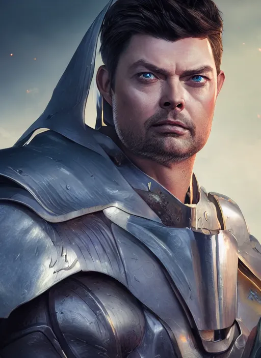 Prompt: A fantasy comic book style portrait painting of Karl Urban as a Paladin, unreal 5, DAZ, hyperrealistic, octane render, RPG portrait, dynamic lighting