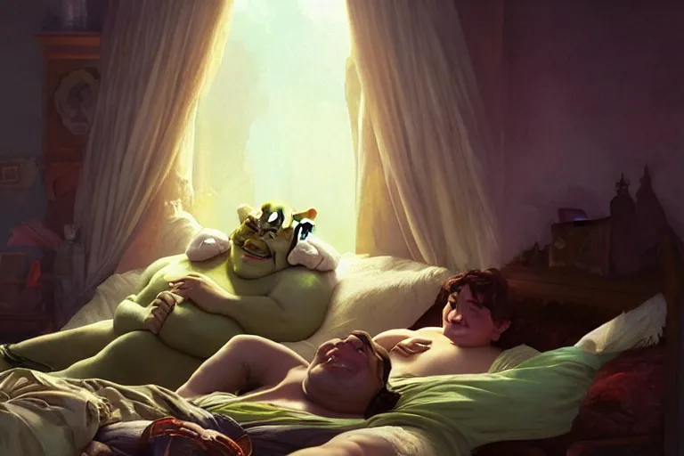 Image similar to pushkin and shrek lying in bed together, portrait, highly detailed, digital painting, artstation, concept art, smooth, sharp focus, illustration, cinematic lighting, art by artgerm and greg rutkowski and alphonse mucha