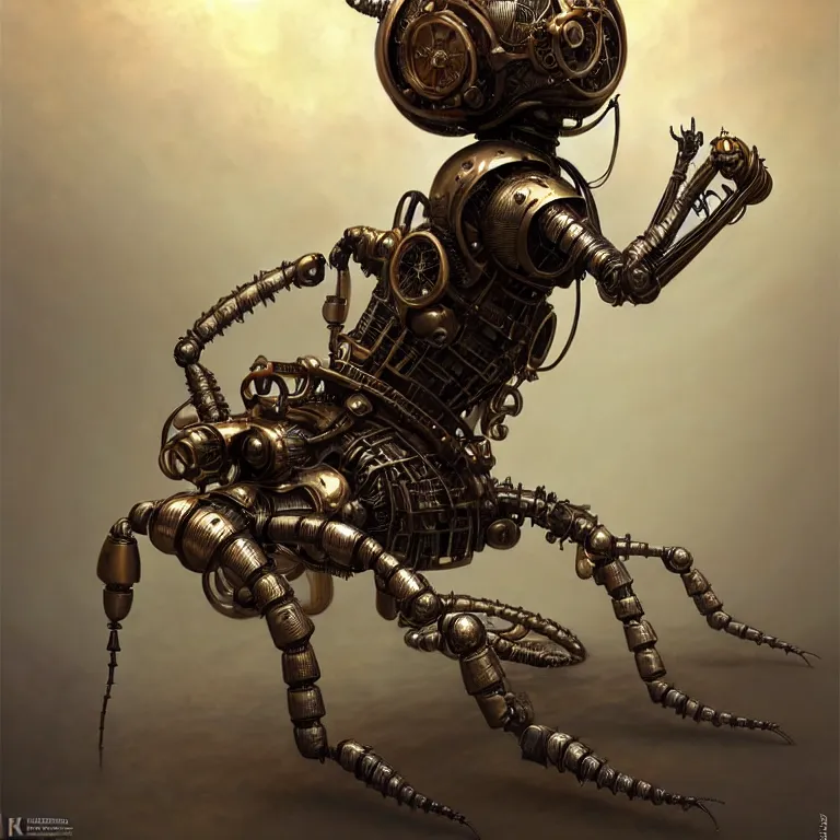 Image similar to steampunk robot ant, 3 d model, unreal engine realistic render, 8 k, micro detail, intricate, elegant, highly detailed, centered, digital painting, artstation, smooth, sharp focus, illustration, artgerm, tomasz alen kopera, peter mohrbacher, donato giancola, joseph christian leyendecker, wlop, boris vallejo