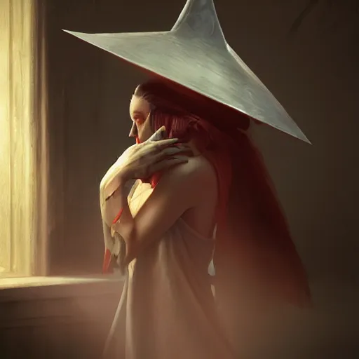 Prompt: a vampire with a dunce cap painting a picture, morningstar, ultra high detailed, oil painting, greg rutkowski, charlie bowater, yuumei, yanjun cheng, unreal 5, daz, hyperrealistic, octane render, rpg portrait, dynamic lighting