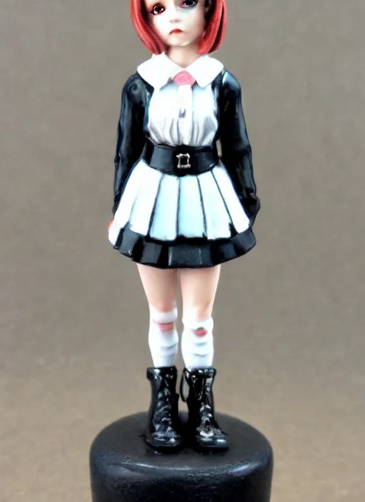 Prompt: 80mm resin detailed miniature of a school girl with black skirt, white blouse and gothic boots