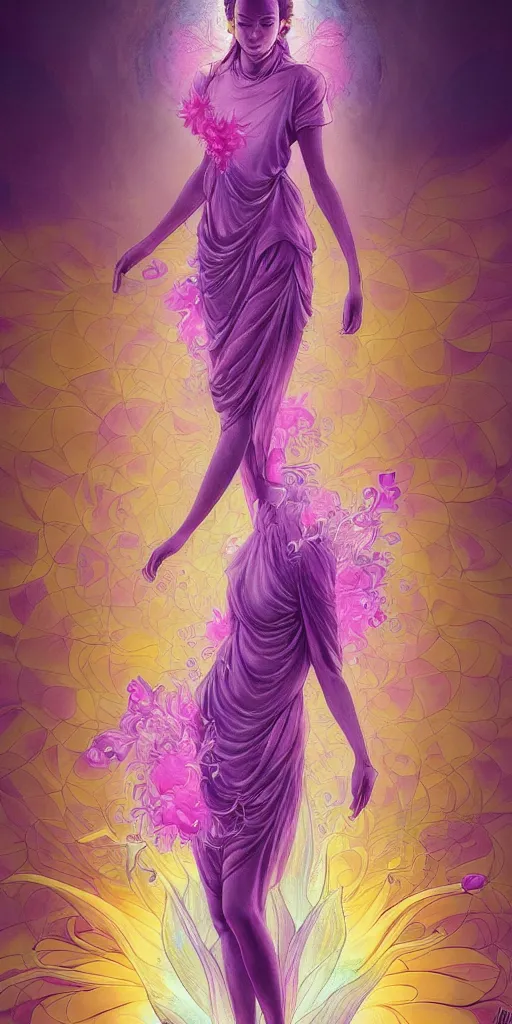 Prompt: 'lotus goddes, full body, purple, pink, yellow, concept character, water drops, lotus flower, beautiful, stunning, pink mist, radiating power, energy, god rays, luminescence, fractal, style of james jean, akira, satoshi con'