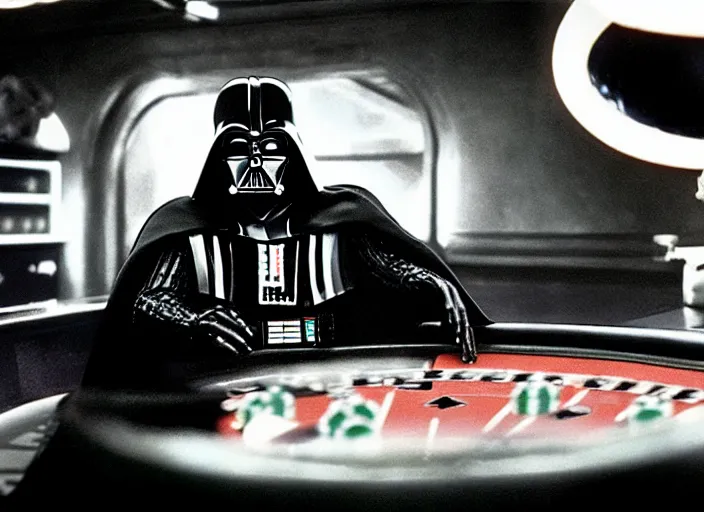 Image similar to film still of Darth Vader gambling in vegas in Star Wars The Empire Strikes Back,