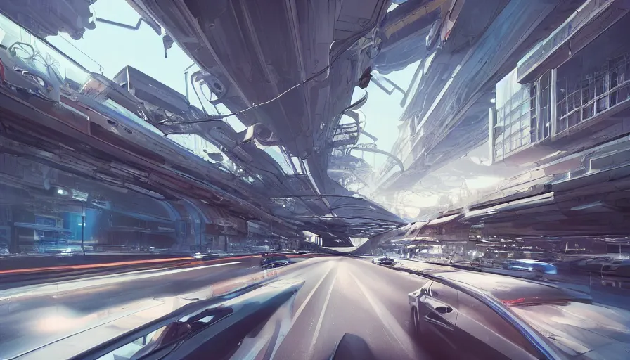 Image similar to car view of a highway through buildings in the future, hyperdetailed, artstation, cgsociety, 8 k