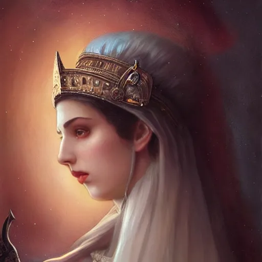 Prompt: beautiful young medieval queen by tom bagshaw