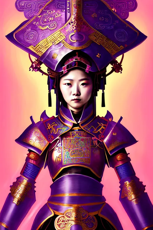 Prompt: beautiful and divine and holy and elite and colorlpunk three kingdom chinese female armor knight portrait like twice tzuyu+shinnyy eyes, ssci-fi, fantasy, neon light at chinese temple rooftop, art and illustration by tian zi and craig mullins and WLOP and alphonse mucha, fantasy, intricate complexity, human structure, human anatomy, fantasy character concept, watermark, blurry, hyperrealism 8k