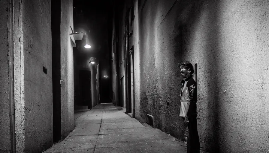 Image similar to photorealistic 1 6 mm, f / 1. 4, iso 2 0 0, shutter speed 2, on tripod. focused on a person standing in a long dark alleyway. in - between two tall buildings. light spilling from small windows lighting up their sides