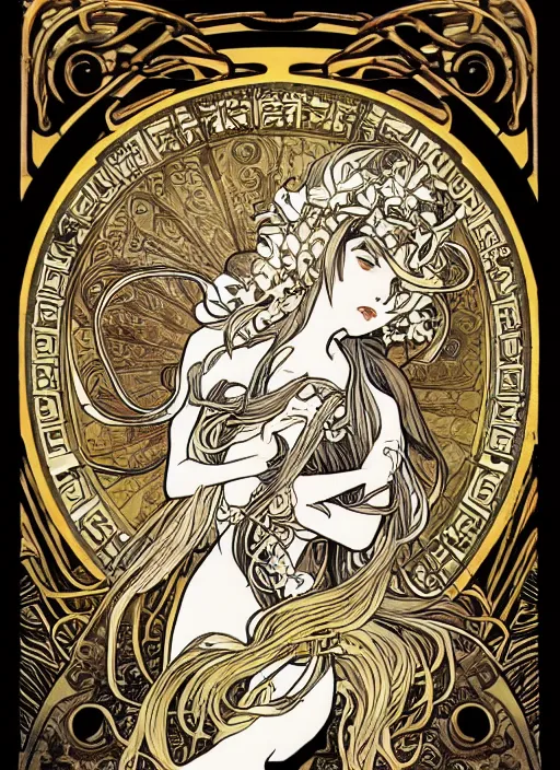 Image similar to photographer looking through camera, design on white background, gnarly details, gold, drawn by studio ghibli, alphonso mucha, lolish, trending on artstation