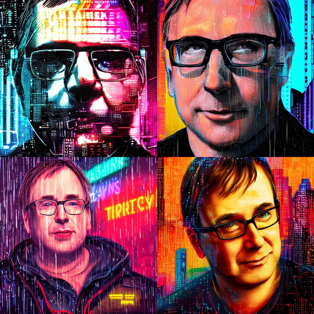 Prompt: Close-up portrait of Linus Torvalds, Bladerunner in the rain, hyper-detailed, cyberpunk, dystopian city skyline at night, colorful neon signs, 4k ultra hd, trending on artstation, fantasy dark art