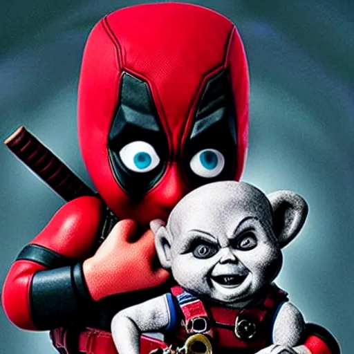 Image similar to deadpool holding chucky the killer doll from the movie child's play 8 k hdr movie still