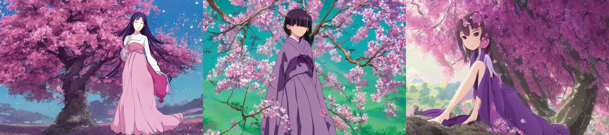 Prompt: beautiful ultrawide portrait of Japanese girl with pink eyes and full body, her face is a mauve flower like colorful purple gown with white sheen and long hair sitting on apple tree, beuatiful face, awesome, bright colours, inspire, shiney, modest, trending on artstation, by Studio Trigger and Studio Ghibli, by Makoto Shinkai, by katsushika hokusai