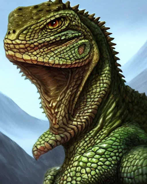 Prompt: ''face portrait of a rugged lizard, fantasy, mountain landscape, d & d, digital painting, artstation, deviantart, concept art, illustration, art by dragolisco and anne stokes and nico niemi''