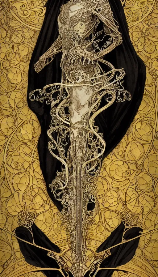 Image similar to a skeleton in a black cloak, highly detailed, very intricate, art nouveau, gold filigree, left right symmetry, tarot concept art watercolor illustration by mandy jurgens and alphonse mucha and alena aenami, featured on artstation