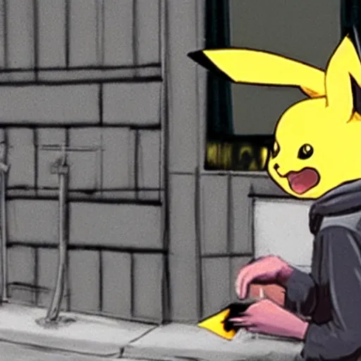 Prompt: CCTV footage of pikachu buying drugs from a random dude in a hoodie in an alley