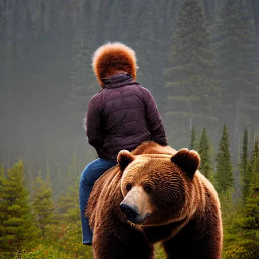 Prompt: back of bob ross riding on the back of brown bear in alaska at fall season, outdoor lighting, realistic, photo, national geographic photo, volumetric, fog