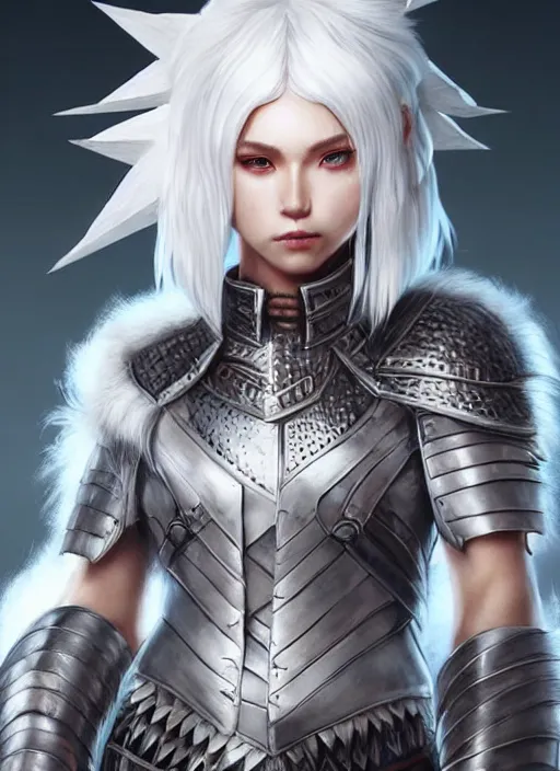 Image similar to warrior, fur - lined armor!!! beautiful and gorgeous white haired female!! monster hunter!! character concept art, sharp focus, octane render! unreal engine 5! highly rendered!! trending on artstation!! detailed linework!! illustration by artgerm, wlop, and chie yoshii