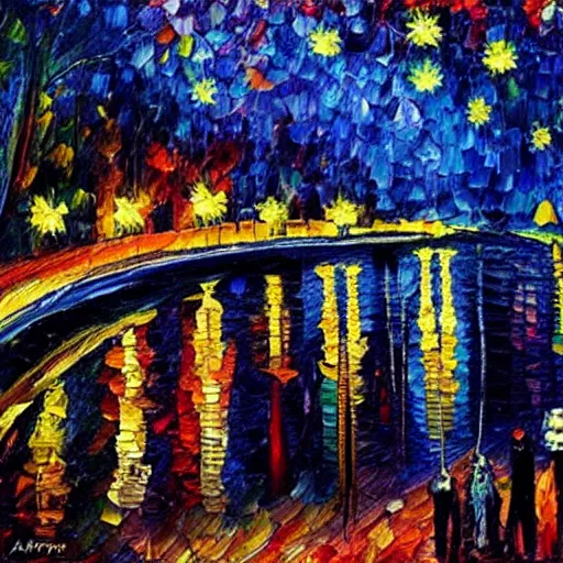 Image similar to starry night painting in the style of leonid afremov and georges seurat