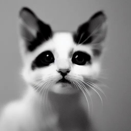 Prompt: black and white drawing of a baby kitten, floating head, white background