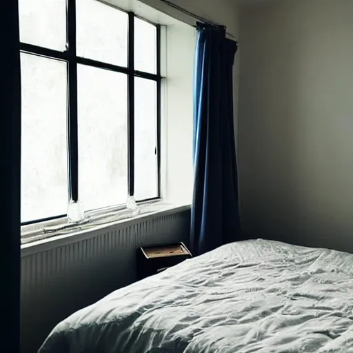 Image similar to photo of dark blue rainy bedroom window at night