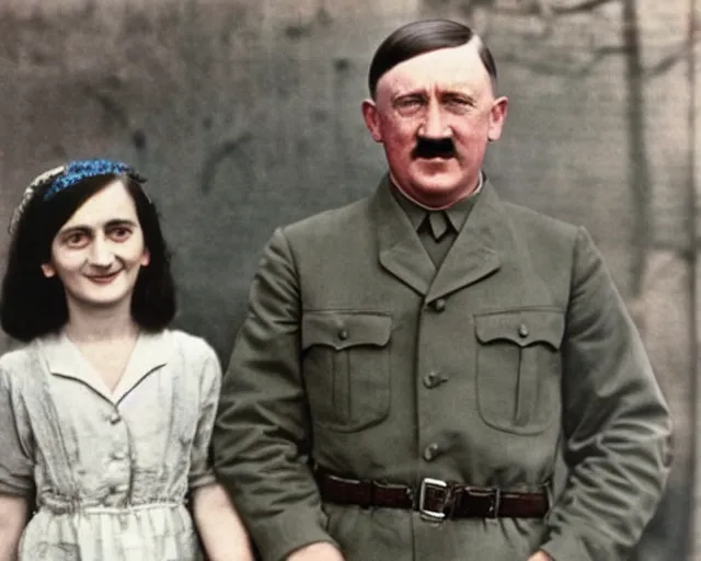 Prompt: a colourised and restored photo of Adolf Hitler together with Anne Frank as a happy couple, high quality, 8k,