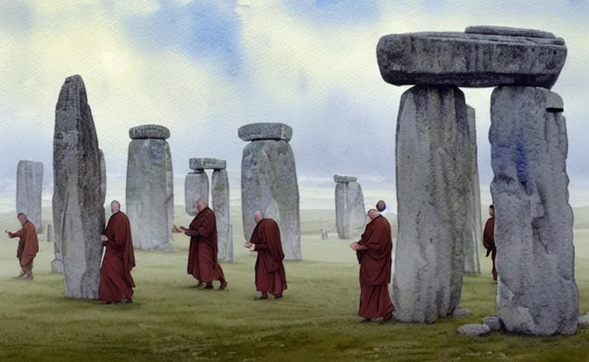 Prompt: a hyperrealist watercolour character concept art portrait of small grey medieval monks with floating stones in the air in front of massive stonehenge monument complex on a misty morning. a large stonehenge stone is in the air. by rebecca guay, michael kaluta, charles vess and jean moebius giraud