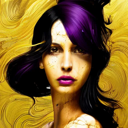 Image similar to masterpiece ink and acrylic dynamic portrait of an aesthetic beautiful realistic black haired woman, gold and purple strands, 3 0 years old woman, mid long hair, black eyed, by joachim bergauer and wlop, artstation, deviantart, pouring acrylic chaotic background, dynamic! curves and splashes, swirling, detailed, intricate