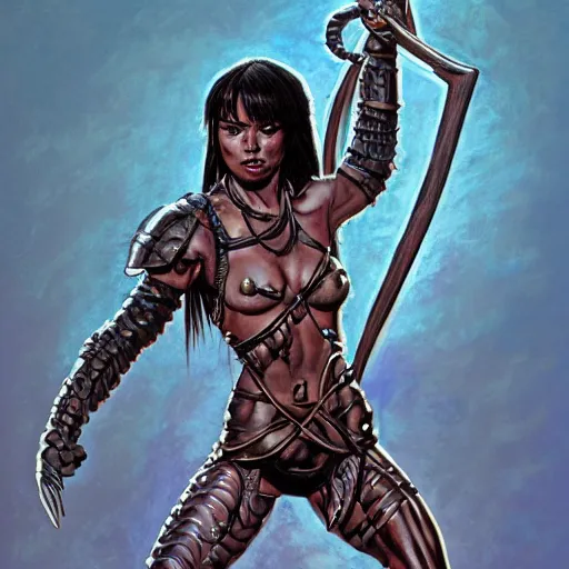 Image similar to a muscular bronze - skinned silver - eyed black - haired woman warrior wearing xena armor, holding a sword aloft, in a crowded alien arena on a hostile planet, highly detailed, ron cobb, moebius, heavy metal magazine, mike mignola, trending on art station, illustration, comic book