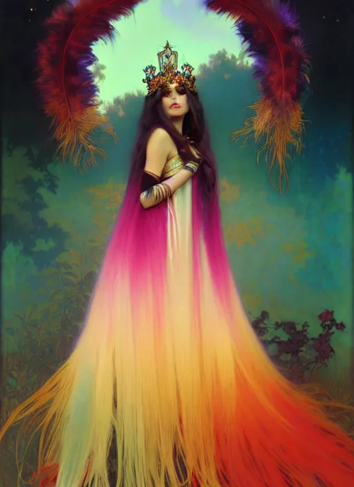 Image similar to ombre velvet gown, feathers, vivid colors, lovely dark autumn princess, portrait, long hair, tiara, jeweled choker, by alphonse mucha, brom, greg rutkowski, anato finnstark, global illumination